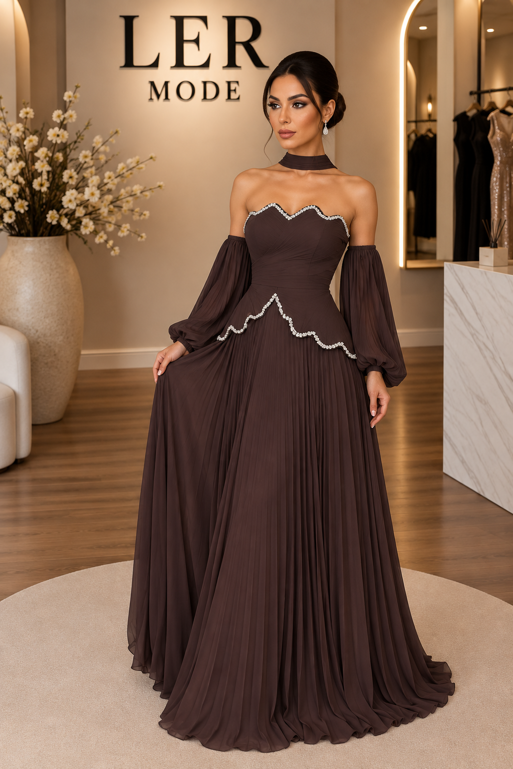 Mocha Élégance Pleated Gown