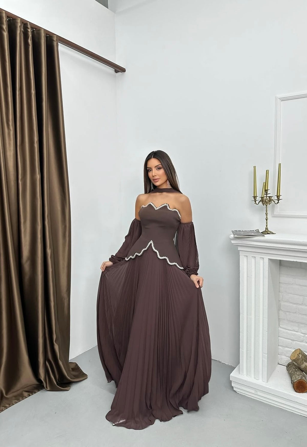 Mocha Élégance Pleated Gown