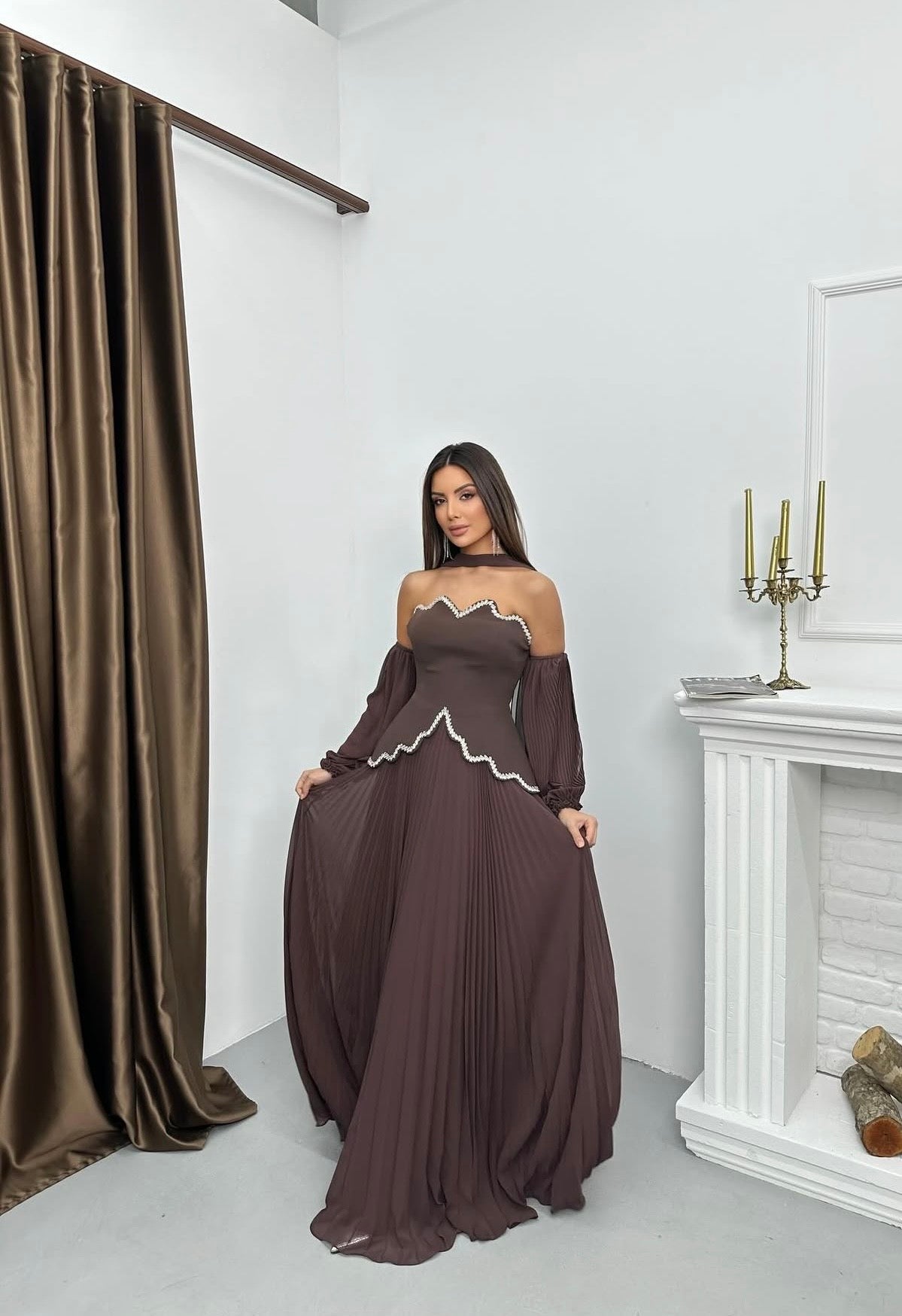 Mocha Élégance Pleated Gown