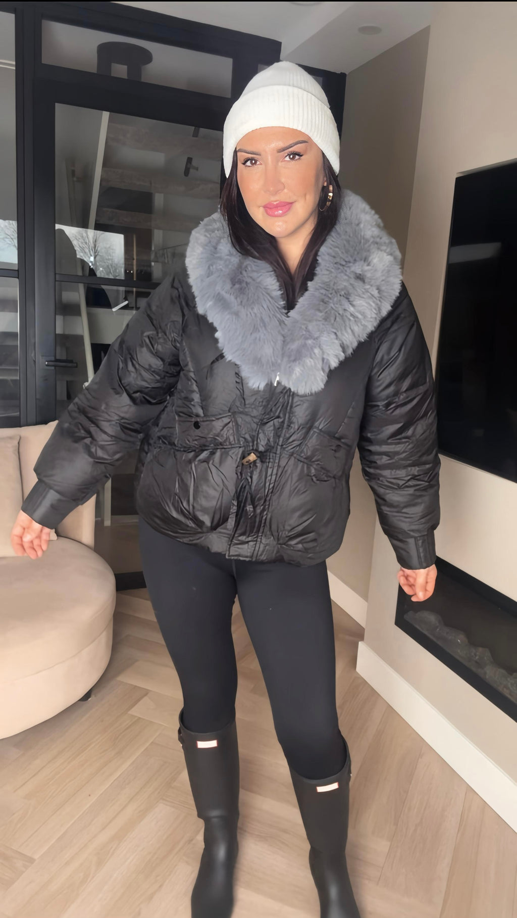 Midnight Grey Luxe Fur Puffer