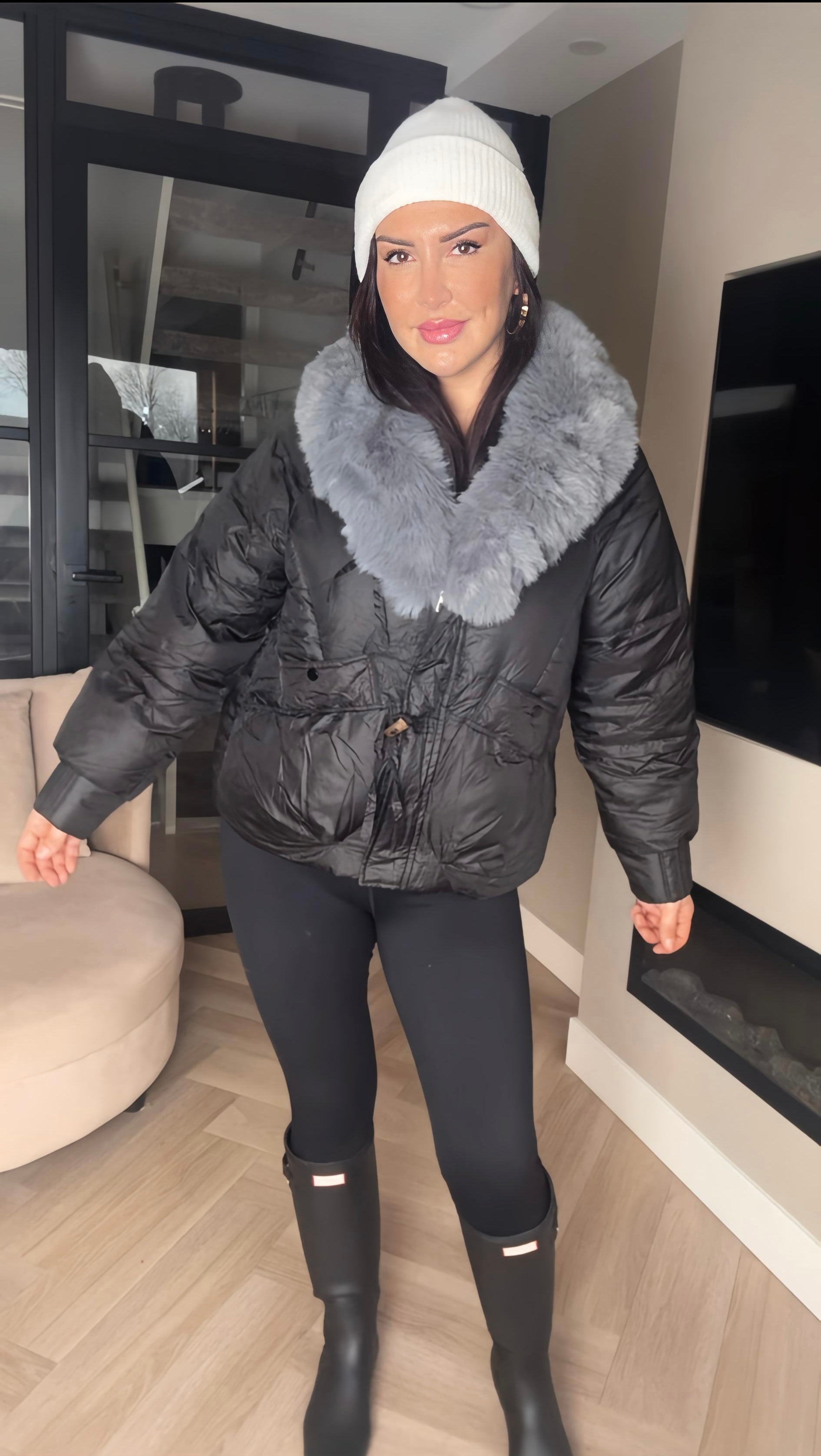 Midnight Grey Luxe Fur Puffer